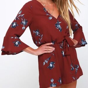 Lulu's Petunia Burgundy Floral Print Surplice Romper - Size: Medium